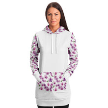 Load image into Gallery viewer, White Longline Hoodie Dress With Pink Orchid Flower Pattern Sleeves, Hood and Pocket