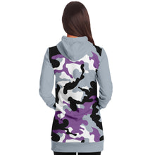 Load image into Gallery viewer, Gray and Purple Camouflage Longline Hoodie Dress With Solid Gray Sleeves, Pocket and Hood