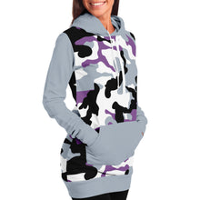 Load image into Gallery viewer, Gray and Purple Camouflage Longline Hoodie Dress With Solid Gray Sleeves, Pocket and Hood