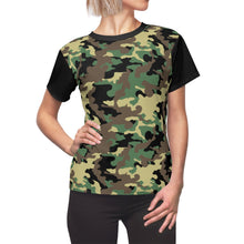 Load image into Gallery viewer, Camo Pattern Women's Tee Green, Brown and Black Camouflage With Contrast Sleeves