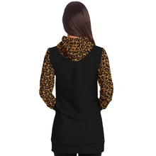 Load image into Gallery viewer, Black Longline Hoodie Dress With Leopard Print Contrast Sleeves, Pocket and Hood