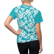 Load image into Gallery viewer, Teal and White Hibiscus Hawaiian Pattern Women's Tee