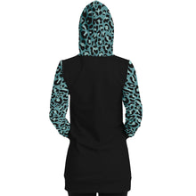 Load image into Gallery viewer, Black Longline Hoodie Dress With Minty Teal Leopard Print Contrast Sleeves, Pocket and Hood