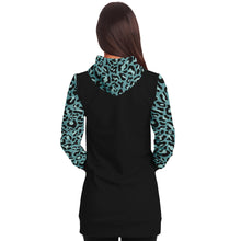 Load image into Gallery viewer, Black Longline Hoodie Dress With Minty Teal Leopard Print Contrast Sleeves, Pocket and Hood