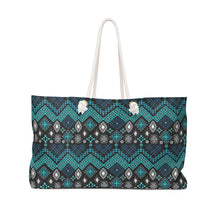 Load image into Gallery viewer, Teal Blue Ethnic Pattern Boho Weekender Bag For Shopping, Traveling, Oversized Tote With Rope Handles