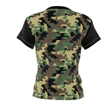 Load image into Gallery viewer, Camo Pattern Women's Tee Green, Brown and Black Camouflage With Contrast Sleeves