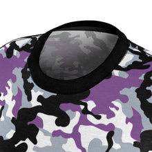 Load image into Gallery viewer, Camo Pattern Women's Tee Purple, White and Black Camouflage With Contrast Sleeves