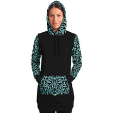 Load image into Gallery viewer, Black Longline Hoodie Dress With Minty Teal Leopard Print Contrast Sleeves, Pocket and Hood