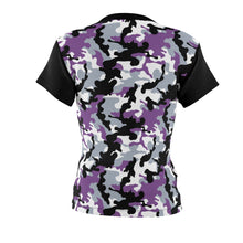 Load image into Gallery viewer, Camo Pattern Women's Tee Purple, White and Black Camouflage With Contrast Sleeves