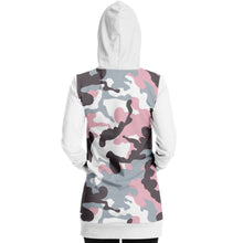 Load image into Gallery viewer, White and Pastel Mauve Camouflage Longline Hoodie Dress With Solid White Sleeves, Pocket and Hood