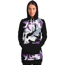 Load image into Gallery viewer, Purple and Black Camouflage Longline Hoodie Dress With Solid Black Sleeves, Pocket and Hood