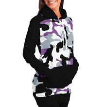 Load image into Gallery viewer, Purple and Black Camouflage Longline Hoodie Dress With Solid Black Sleeves, Pocket and Hood