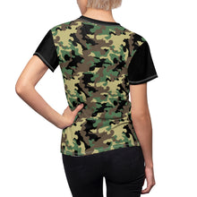 Load image into Gallery viewer, Camo Pattern Women's Tee Green, Brown and Black Camouflage With Contrast Sleeves