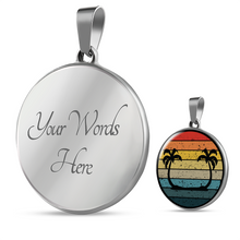 Load image into Gallery viewer, Retro Sunset With Twin Palm Trees Jewelry Circle Pendant Necklace With Gift Box and Chain in Stainless Steel or 18k Gold Finish