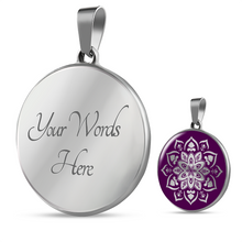 Load image into Gallery viewer, Purple Mandala Flower Design On Stainless Steel or 18K Gold Circle Pendant Necklace