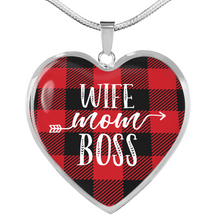 Load image into Gallery viewer, Wife Mom Boss Red Buffalo Plaid Heart Shaped Stainless Steel Pendant