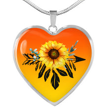 Load image into Gallery viewer, Dreamcatcher Sunflower on Bright Orange and Yellow Ombre Boho Design Heart Shaped Stainless Steel Pendant Necklace Dream Catcher Jewelry