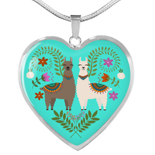 Load image into Gallery viewer, Llama and Flower Design on Turquoise Background Heart Shaped Pendant In Gold or Silver