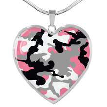 Load image into Gallery viewer, Rose Pink, Gray, Black and White Camouflage Heart Shaped Stainless Steel Pendant Necklace