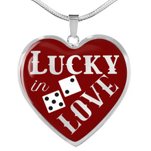 Load image into Gallery viewer, Lucky In Love Dice Red and White Heart Shaped Pendant Stainless Steel or 18K Gold Finish Necklace Gift Set