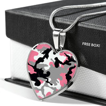 Load image into Gallery viewer, Rose Pink, Gray, Black and White Camouflage Heart Shaped Stainless Steel Pendant Necklace