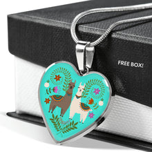 Load image into Gallery viewer, Llama and Flower Design on Turquoise Background Heart Shaped Pendant In Gold or Silver