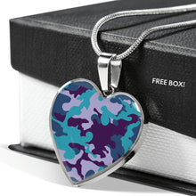 Load image into Gallery viewer, Teal Blue and Purple Camouflage Heart Shaped Stainless Steel Pendant Necklace