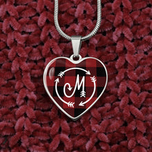 Load image into Gallery viewer, M Monogram Buffalo Plaid Heart Shaped Pendant Red and Black