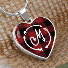 Load image into Gallery viewer, M Monogram Buffalo Plaid Heart Shaped Pendant Red and Black