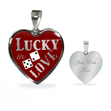 Load image into Gallery viewer, Lucky In Love Dice Red and White Heart Shaped Pendant Stainless Steel or 18K Gold Finish Necklace Gift Set