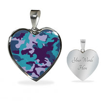Load image into Gallery viewer, Teal Blue and Purple Camouflage Heart Shaped Stainless Steel Pendant Necklace