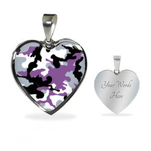 Load image into Gallery viewer, Purple, Gray, Black and White Camouflage Heart Shaped Stainless Steel Pendant Necklace