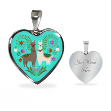 Load image into Gallery viewer, Llama and Flower Design on Turquoise Background Heart Shaped Pendant In Gold or Silver