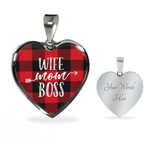 Load image into Gallery viewer, Wife Mom Boss Red Buffalo Plaid Heart Shaped Stainless Steel Pendant