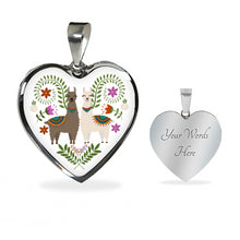 Load image into Gallery viewer, Colorful Llamas and Flowers on White Background Silver or Gold Heart Shaped Pendant