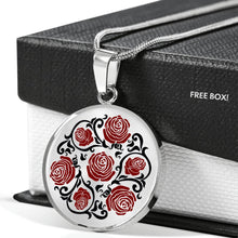 Load image into Gallery viewer, Red and Black Roses on Round Pendant In Stainless Steel or Gold