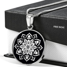 Load image into Gallery viewer, Black With Mandala Flower Design Circle Round Pendant In Stainless Steel or 18K Gold Finish