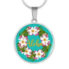 Load image into Gallery viewer, Aloha Hawaiian Floral Wreath Jewelry Round Circle Pendant Necklace With Gift Box and Chain in Stainless Steel or 18K Gold Finish