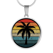 Load image into Gallery viewer, Retro Sunset With Palm Tree Jewelry Circle Pendant Necklace In Stainless Steel or 18K Gold Finish With Gift Box and Chain