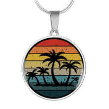 Load image into Gallery viewer, Retro Sunset With Palm Trees Jewelry Circle Pendant Necklace in Stainless Steel or 18k Gold Finish With Gift Box and Chain