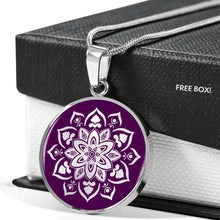 Load image into Gallery viewer, Purple Mandala Flower Design On Stainless Steel or 18K Gold Circle Pendant Necklace