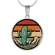 Load image into Gallery viewer, Retro Sunset Cactus Design on Circle Pendant Stainless Steel or 18K Gold Finish Includes Chain and Gift Box