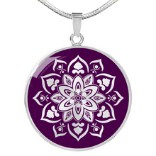 Load image into Gallery viewer, Purple Mandala Flower Design On Stainless Steel or 18K Gold Circle Pendant Necklace