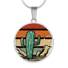 Load image into Gallery viewer, Retro Sunset Cactus Design on Circle Pendant Stainless Steel or 18K Gold Finish Includes Chain and Gift Box