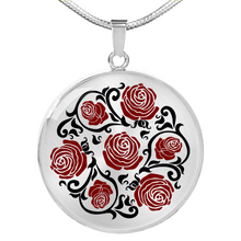 Load image into Gallery viewer, Red and Black Roses on Round Pendant In Stainless Steel or Gold
