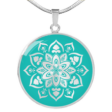 Load image into Gallery viewer, Turquoise Mandala Flower Design on Stainless Steel or 18K Gold Finished Round Circle Pendant Necklace