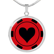 Load image into Gallery viewer, Poker Chip Black and Red Heart Suit Stainless Steel or 18K Gold Circle Pendant Necklace Casino Token