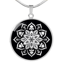 Load image into Gallery viewer, Black With Mandala Flower Design Circle Round Pendant In Stainless Steel or 18K Gold Finish