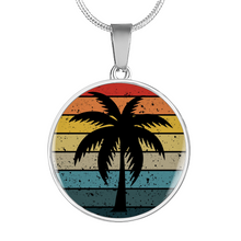 Load image into Gallery viewer, Retro Sunset With Palm Tree Jewelry Circle Pendant Necklace In Stainless Steel or 18K Gold Finish With Gift Box and Chain