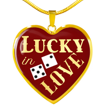 Load image into Gallery viewer, Lucky In Love Dice Red and White Heart Shaped Pendant Stainless Steel or 18K Gold Finish Necklace Gift Set